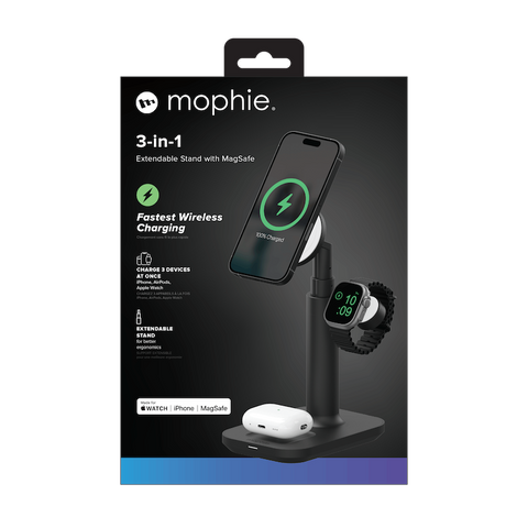 Image of Mophie Premium 3-in-1 Magsafe Wireless Extendable Charging Stand - Black