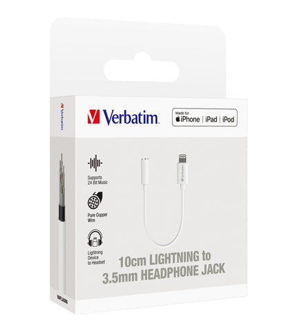 Image of Verbatim Essentials MFi Lightning to 3.5mm Headphone Jack 10cm White