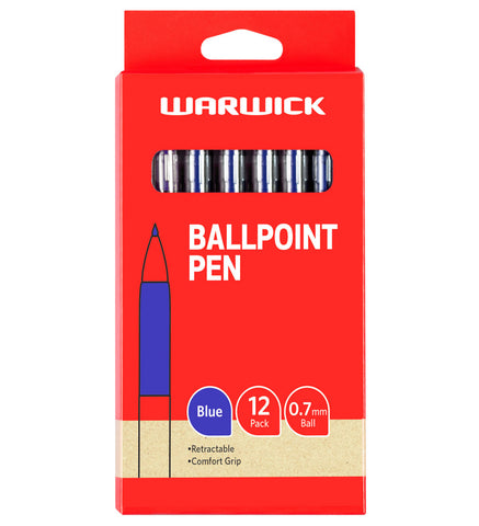 Image of Warwick Retractable Ballpoint Blue Pen 0.7mm Comfort Grip 12pk