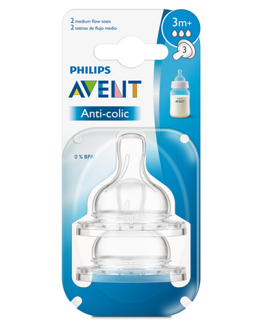 Image of Avent Anti Colic Medium Flow Teat 3m+ 2pk