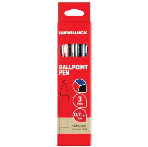 Image of Warwick Ballpoint Pens Retractable With Grip Assorted 3pk