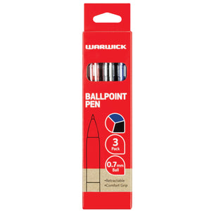 Warwick Ballpoint Pens Retractable With Grip Assorted 3pk
