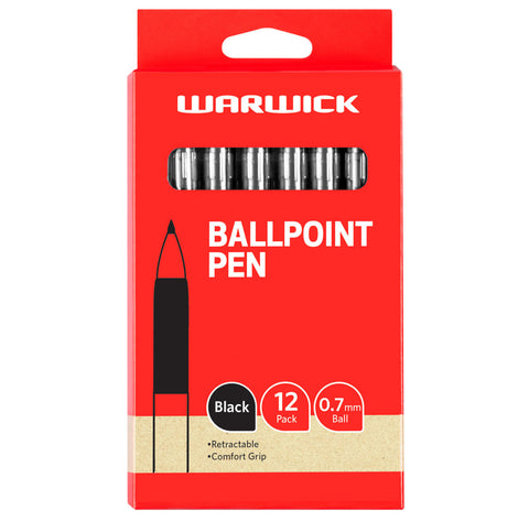 Image of Warwick Retractable Ballpoint Black Pens 0.7mm Comfort Grip 12pk