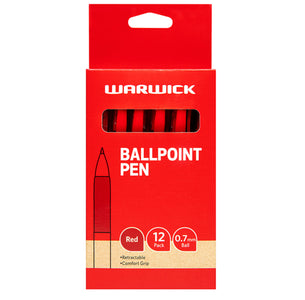 Warwick Red Retractable Ballpoint Pen 0.7mm Comfort Grip 12pk