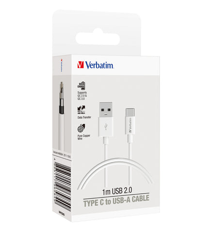 Image of Verbatim Essentials Charge & Sync USB-C To USB-A Cable 1m White