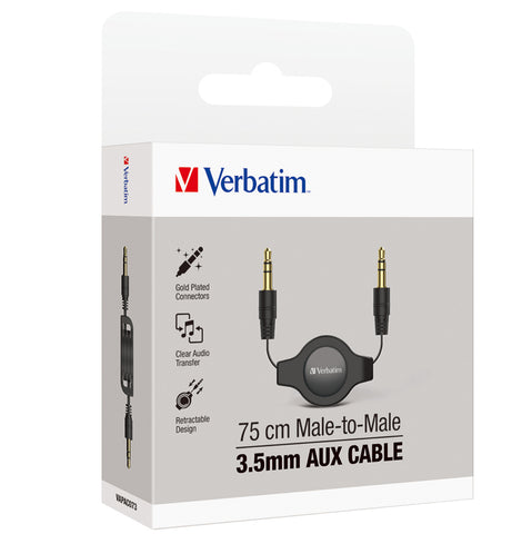 Image of Verbatim Essentials Audio Cable 3.5mm Aux Retractable 75cm Black